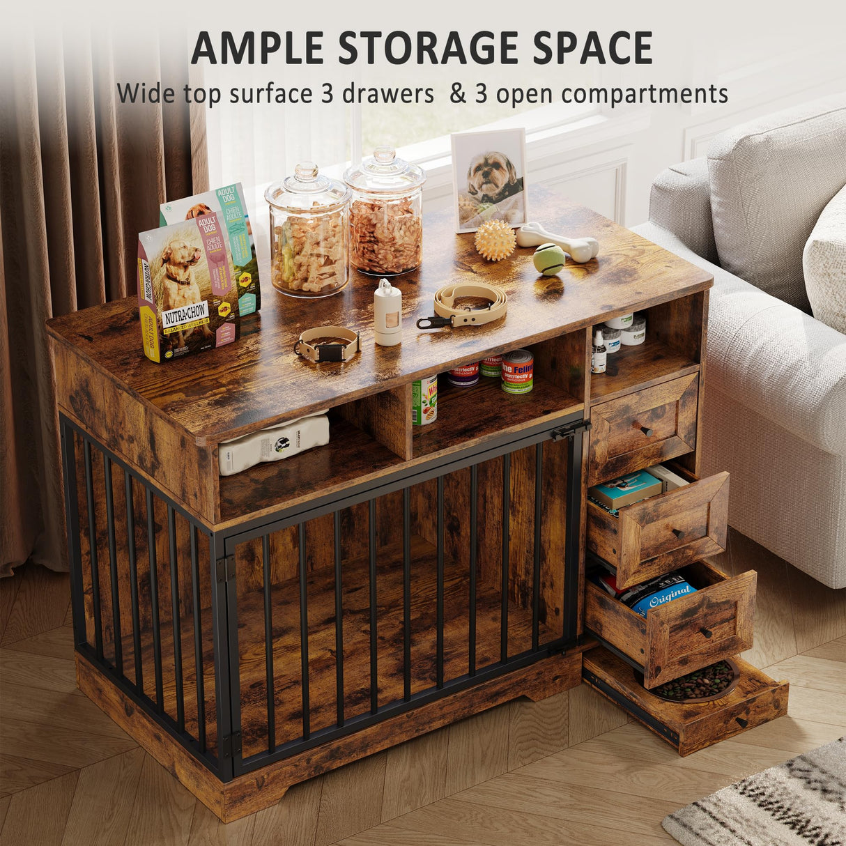 GarveeLife 48 Inch Dog Crate Furniture, Farmhouse Dog Kennel with Dog Bowl & Storage Drawers, Heavy Duty Pet Crate Table for Medium Small Dogs for Living Room, Entryway, Retro Brown GarveeLife