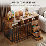 GarveeLife 48 Inch Dog Crate Furniture, Farmhouse Dog Kennel with Dog Bowl & Storage Drawers, Heavy Duty Pet Crate Table for Medium Small Dogs for Living Room, Entryway, Retro Brown GarveeLife