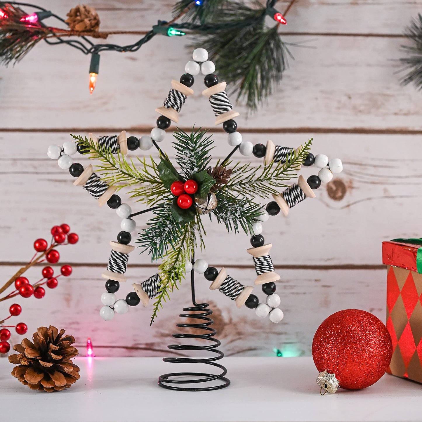 Ornativity Rattan Star Tree Topper – Christmas Farmhouse Decor Wooden Beads Rustic Tree Topper with Holly Mistletoe and Berry Wood Bead Trees Top Xmas Decorations 11.5"