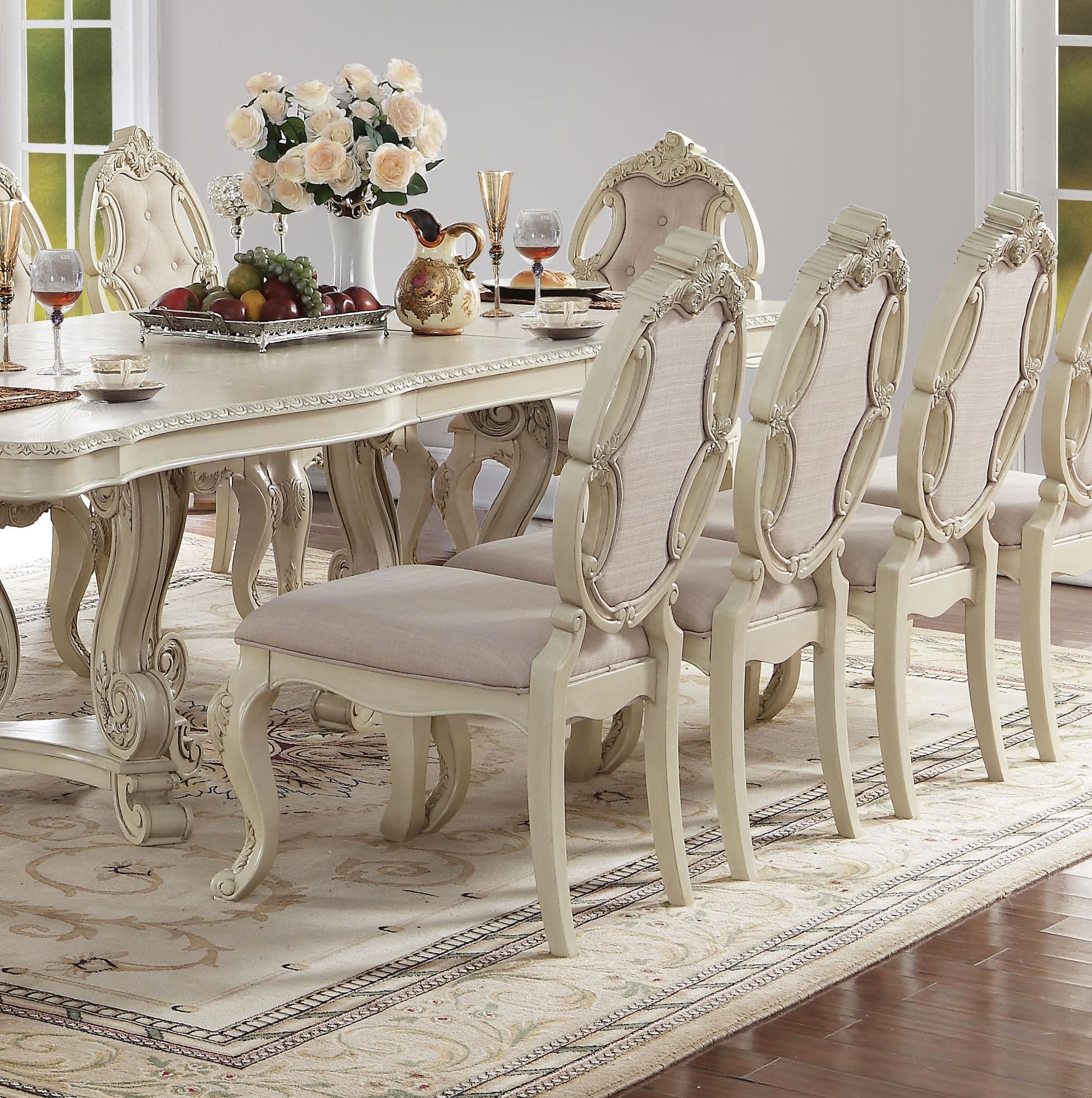 Kitchen Furniture Set 11pc Formal Dining Table Set includes 1 Table, 8 Side Chairs and 2 Arm Chairs, Set for 10 Persons (Antique White) - WoodArtSupply