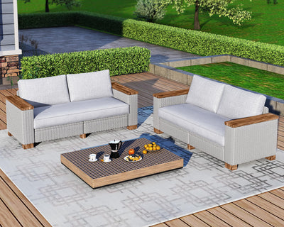 LUXOAK 4-Piece Outdoor Patio Furniture Set, All-Weather Wicker Sofa with 5.9" Solid Wood Armrests, Wooden Legs, and Cushions – Sectional Conversation Set for Backyard, Porch, Garden, or Poolside