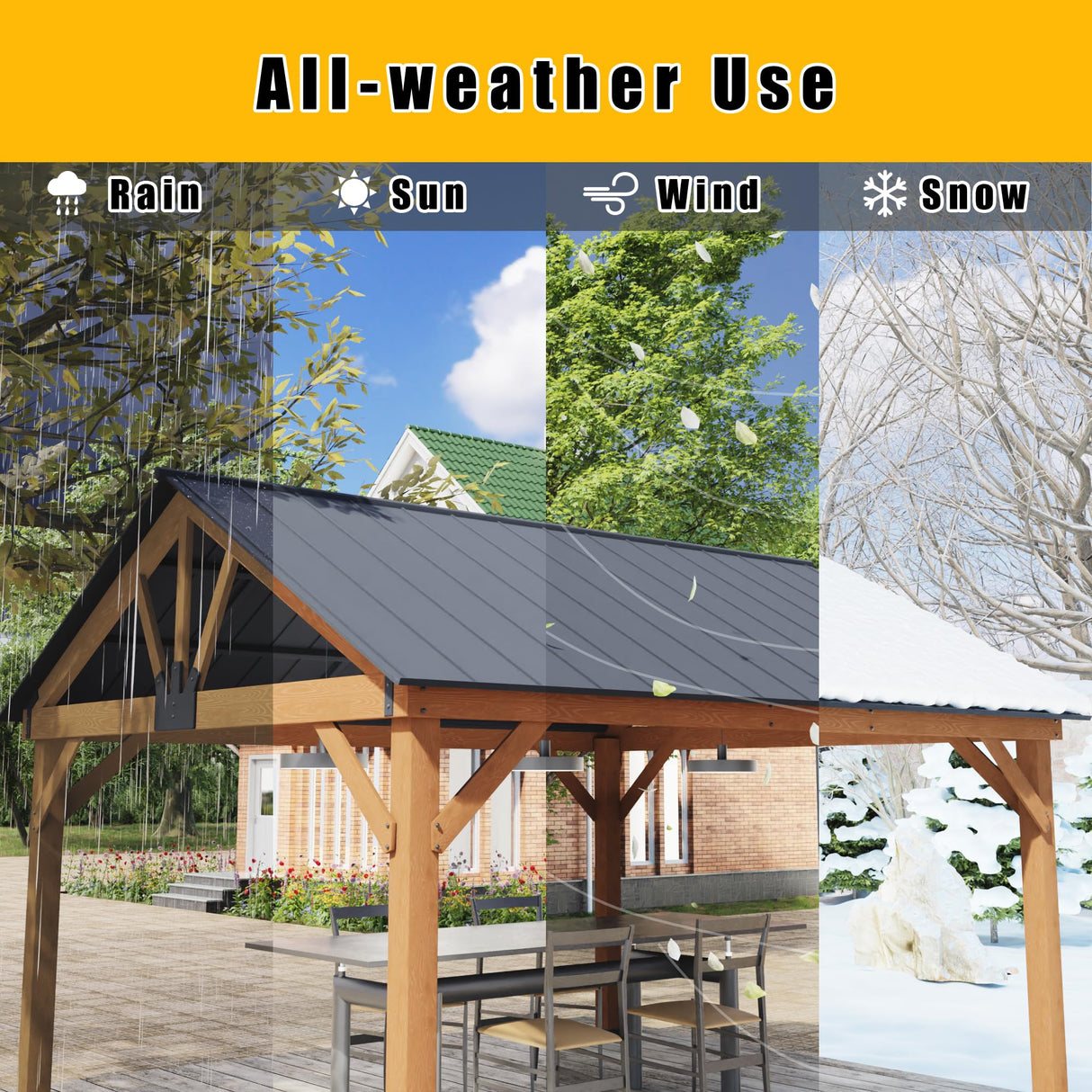 Gardenbee Wood Gazebo 13 x 11 ft. Wood Patio Gazebo Cedar Framed Gazebo with Steel Frame Gable Roof Hardtop Gazebo for Patio, Garden, Lawns, Parties Gardenbee