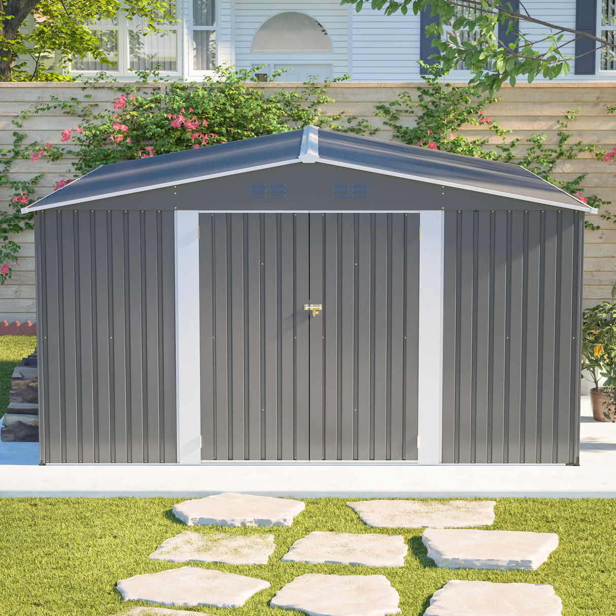 YOPTO 12x14FT Outdoor Storage Shed Metal Shed W/Floor Frame,Garden Tool House W/ 4 Air Vents,Lockable Double Doors & Sloped Roof,for Patio,Lawn,Backyard,Light Gray YOPTO
