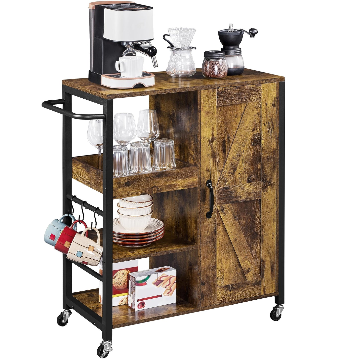 Yaheetech Kitchen Island Cart on Wheels, Rolling Serving Utility Trolley Cart with Storage Cabinet & Adjustable Shelves, Coffee Cart with Barn Door & S-Hooks for Dining Room, Rustic Brown