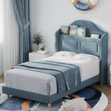 GarveeHome Upholstered Twin Bed Frame with LED Lights, Velvet Platform Bed Frame with Wing Back Storage Headboard, Wood Slats Support, No Box Spring Needed, Easy Assembly, Blue GarveeHome