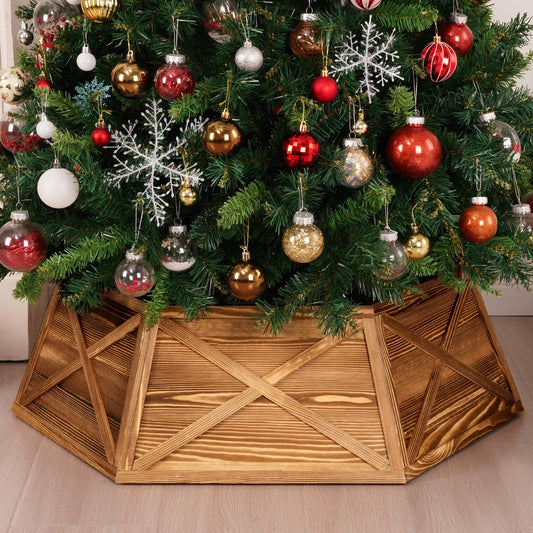 AtawLege Wood Christmas Tree Collar, 27" Hexagon Vintage Wooden Rustic Farmhouse Christmas Tree Base Cover with X-Pattern, Natural Handcrafted Tree Skirt Stand Box for Home Party Christmas Tree Decor