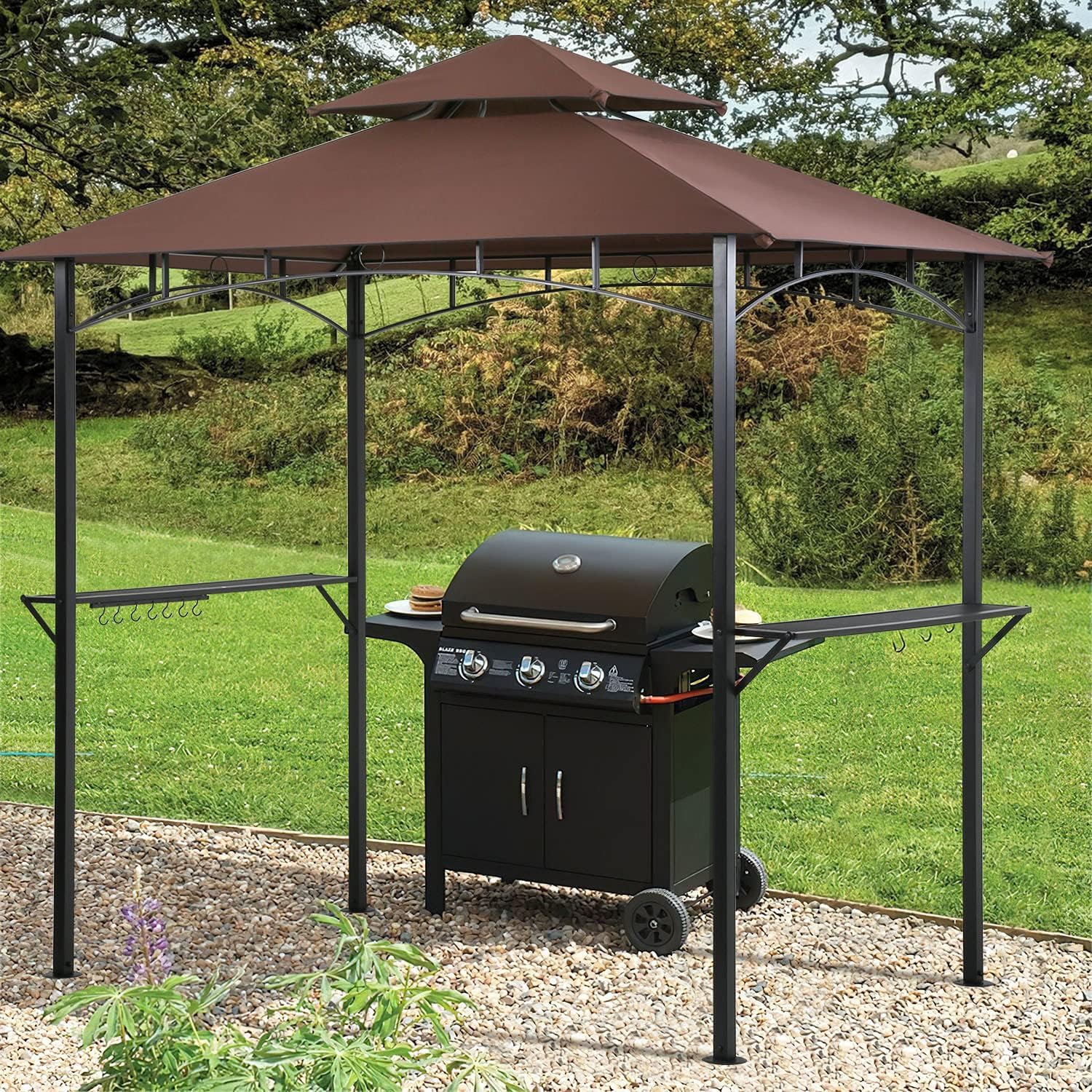 8’ x 5’ Grill Gazebo Outdoor Grill Canopy Waterproof BBQ Gazebo Canopy Tent with Double Roof Shelves Hooks for Patio Backyard Outdoor Bbq Party, Brown - WoodArtSupply