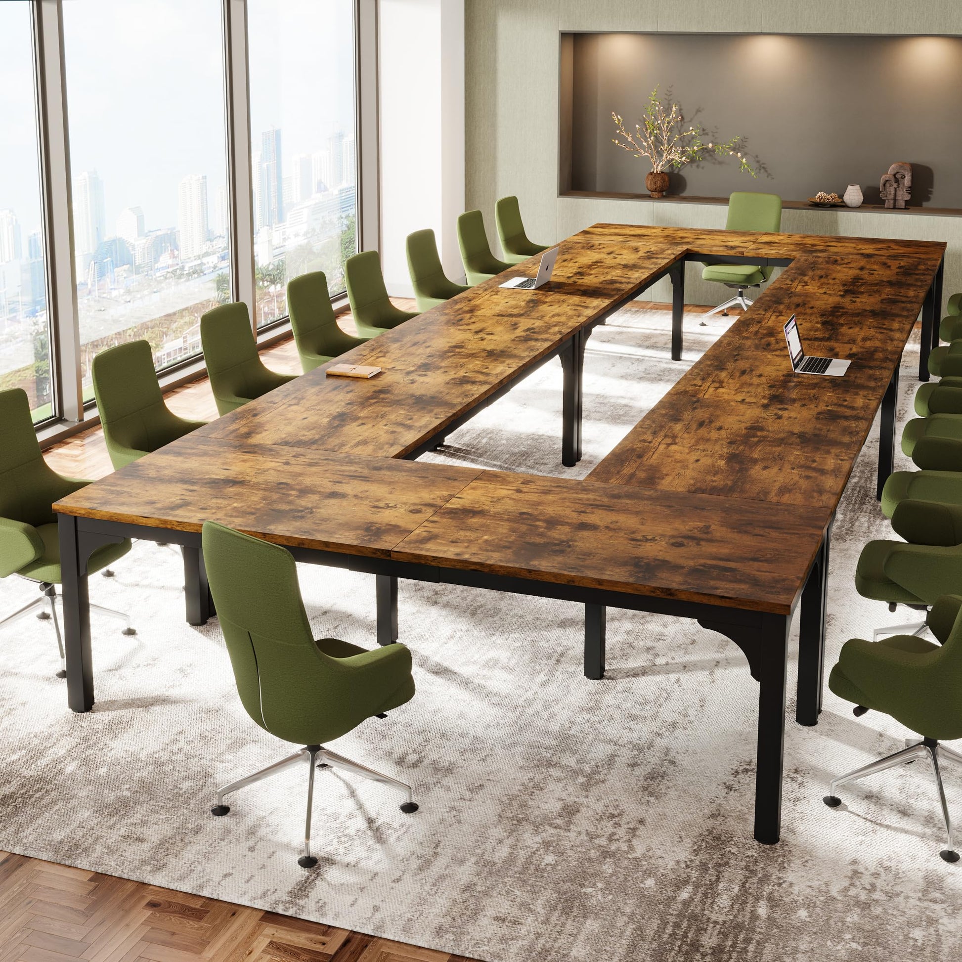 Trggivs 13FT Conference Table, Super Sturdy Large Rectangle Meeting Seminar Table for 12-16 Person, Long Business Tables, 4 Pcs Brown - WoodArtSupply