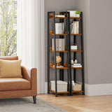 KLUVIS Narrow Ladder Shelf for Small Spaces - 5 Tier Thin Bookshelf Skinny Book Shelves Slim Bookshelves 60 inch Tall, Farmhouse Brown (02BN) KLUVIS