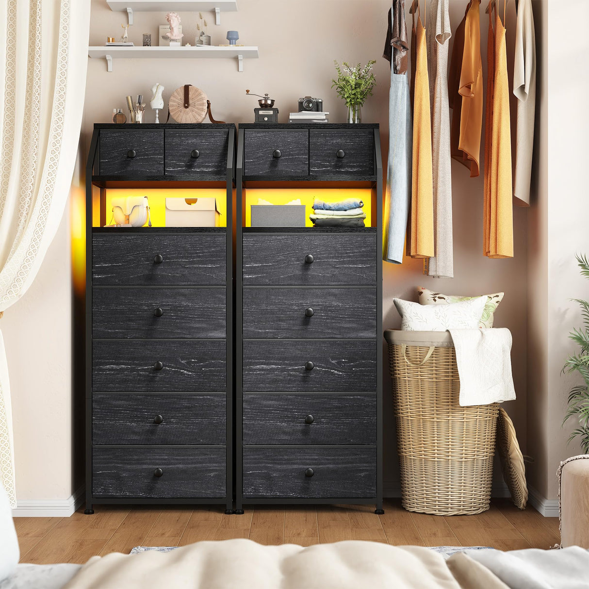 51.2" H Dresser for Bedroom with LED Lights, Night Stand with 7 Drawers, Dressers & Chests of Drawers with Open Wood Shelf, Metal Frame, Bedside Table with Fabric Storage Bins, Black EnHomee