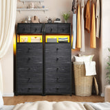 51.2" H Dresser for Bedroom with LED Lights, Night Stand with 7 Drawers, Dressers & Chests of Drawers with Open Wood Shelf, Metal Frame, Bedside Table with Fabric Storage Bins, Black EnHomee