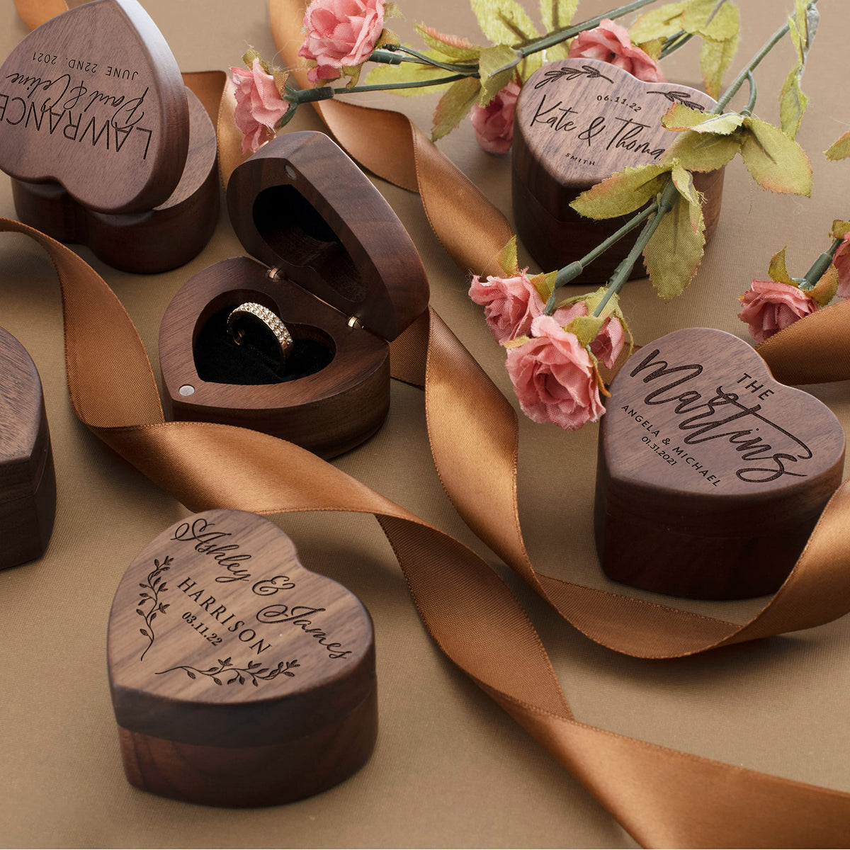 Personalized Wooden Ring Box, Custom Ring Bearer Box, Wooden Heart Ring Box for Wedding Ceremony, 8 Designs with Names and Family Name, Engagement Ring Holder for Proposal, Wedding Keepsake Personalization Lab