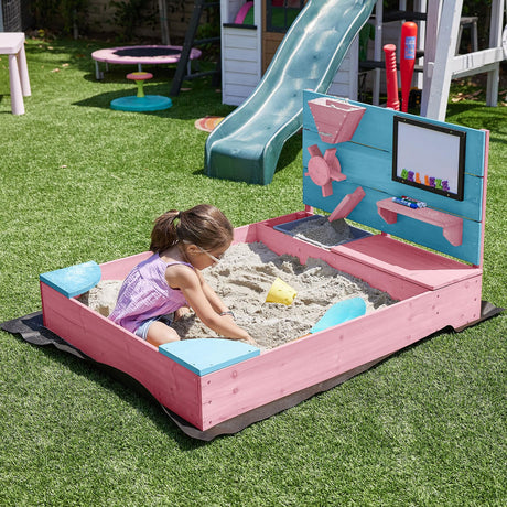 BELLEZE Wooden Sandbox, 49x39in Kids Sand Pit for Backyard, Outdoor Sandbox with Cover and Bottom Liner, Built-in Corner Seating, Bench Storage, Sand Toy Wall and Magnetic White Board (Pink) BELLEZE