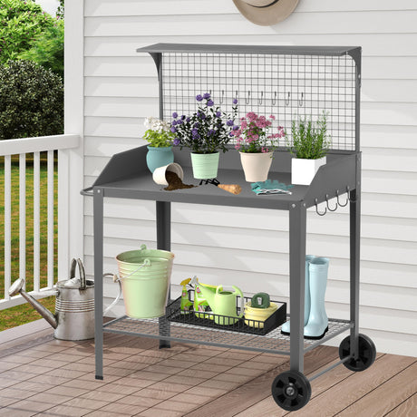 Outdoor Metal Potting Bench with Wheels, Heavy Duty Garden Workbench Table with Storage Shelf (Dark Gray, 52.8"x36.6") DDK