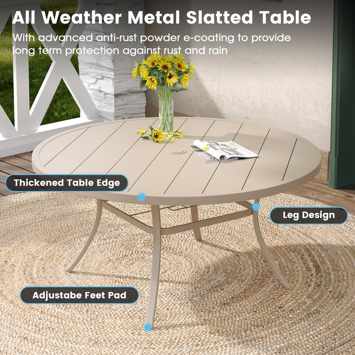 DIFY 9 Pieces Outdoor Patio Dining Set for 8, Swivel Dining Chairs with Sandshell Textilene and 60" Sandshell Round Metal Dining Table, Outdoor Table and Chairs for Lawn Garden Backyard Deck DIFY