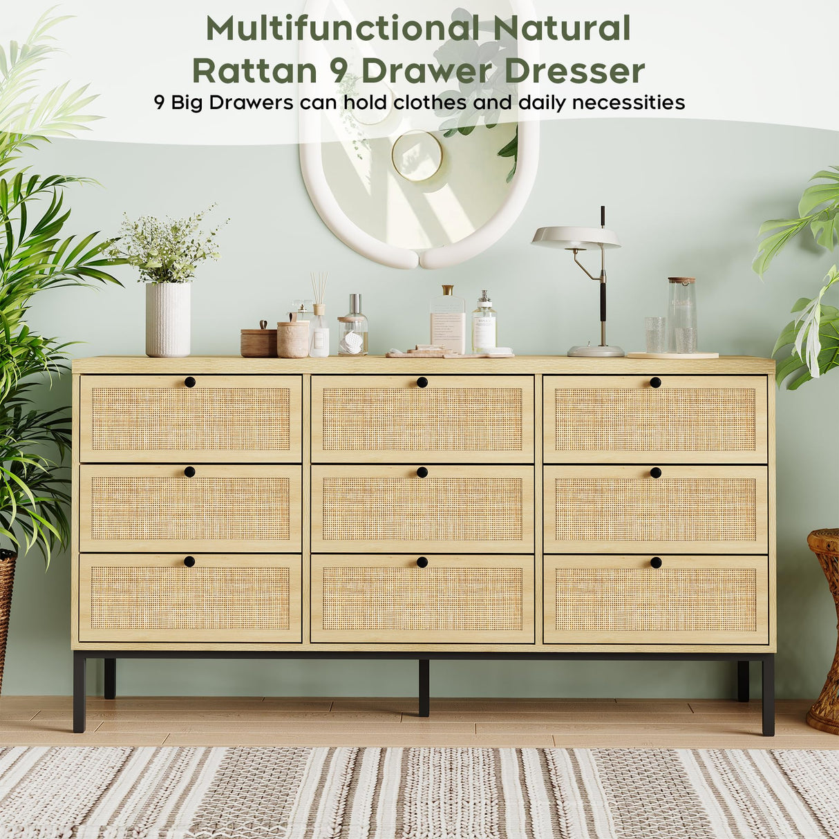 Yechen Natural Rattan 9 Drawer Dresser, 59" Wide Light Wood Chest of Drawers, Large Boho Oak Dressers with Smooth Metal Slides, Mid-century Dresser TV Stand Drawer Organizer for Bedroom Nursery Closet Yechen