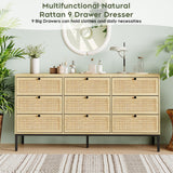 Yechen Natural Rattan 9 Drawer Dresser, 59" Wide Light Wood Chest of Drawers, Large Boho Oak Dressers with Smooth Metal Slides, Mid-century Dresser TV Stand Drawer Organizer for Bedroom Nursery Closet Yechen