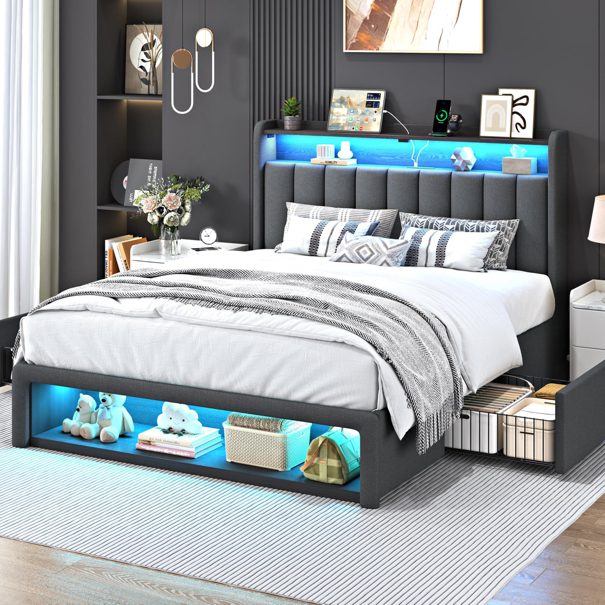 ChicZhiNest Queen Bed Frame with 2 Storage Drawers & Large Footboard Cabinet, LED Lights & USB Charging Station, Linen Upholstered Platform Bed with Headboard, No Box Spring Needed, Dark Grey ChicZhiNest