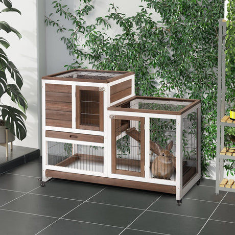 PawHut Wooden Rabbit Hutch Elevated Bunny Cage Indoor Small Animal Habitat with Enclosed Run with Wheels, Ramp, Removable Tray Ideal for Guinea Pigs, Brown PawHut