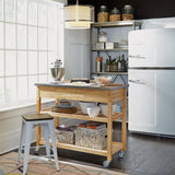 Home Styles Natural Designer Utility Kitchen Cart with Stainless Steel Top, Two Utility Drawers, Adjustable Shelf and Industrial Casters, Optional Wine Storage,Brown homestyles
