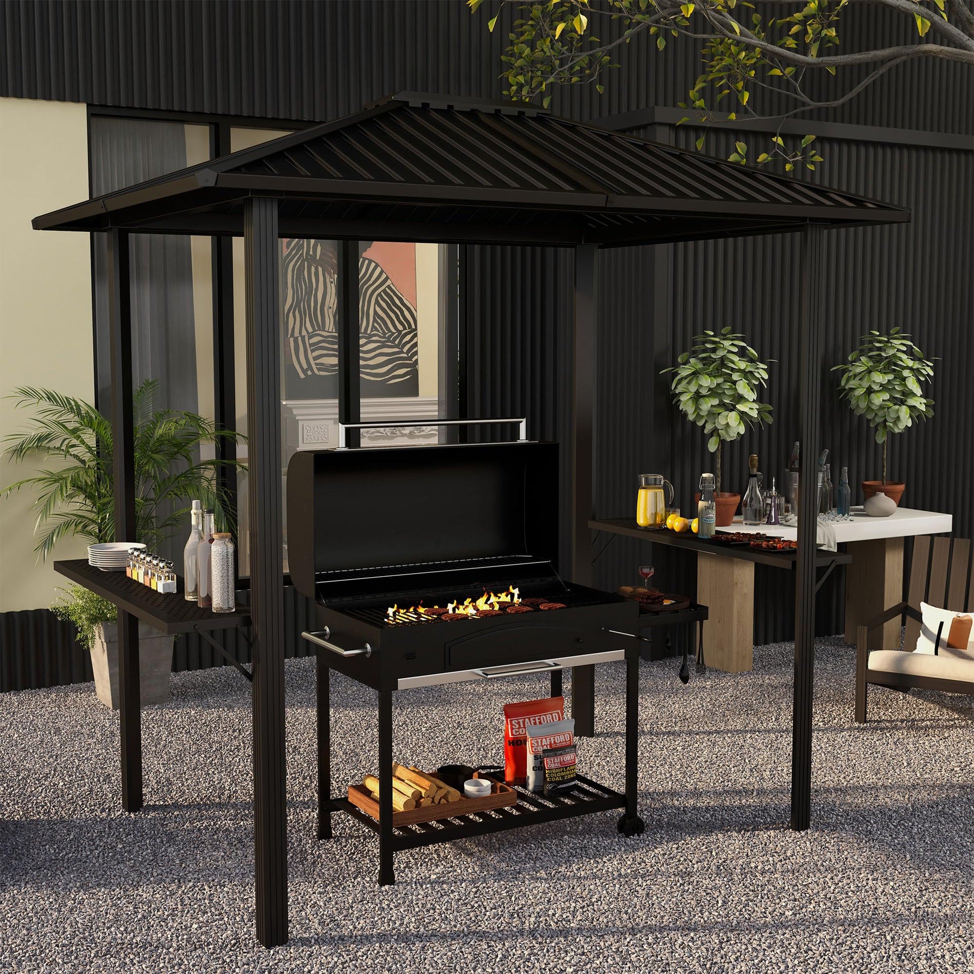 Outsunny 6' x 8' Hardtop Grill Gazebo, BBQ Gazebo with Metal Roof, Aluminum Frame and 2 Side Shelves, for Patio, Lawn, Garden - WoodArtSupply