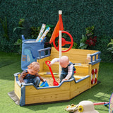 Outsunny Wooden Kids Pirate Sandbox, Outdoor Sandboat with Bench Seats, Storage, Non-Woven Fabric Cloth for Backyard, Lawn Outsunny
