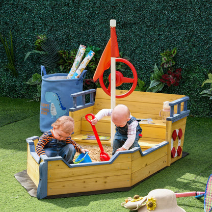 Outsunny Wooden Kids Pirate Sandbox, Outdoor Sandboat with Bench Seats, Storage, Non-Woven Fabric Cloth for Backyard, Lawn - WoodArtSupply