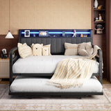 Daybed with Trundle and LED Light, Heavy Duty Metal Full Bed Frame with Upholstered Storage Headboard & Charging Station, Day Bed Pop Up Trundle Bed for Living Room,Bedroom and Guest Room, Black Jocoevol
