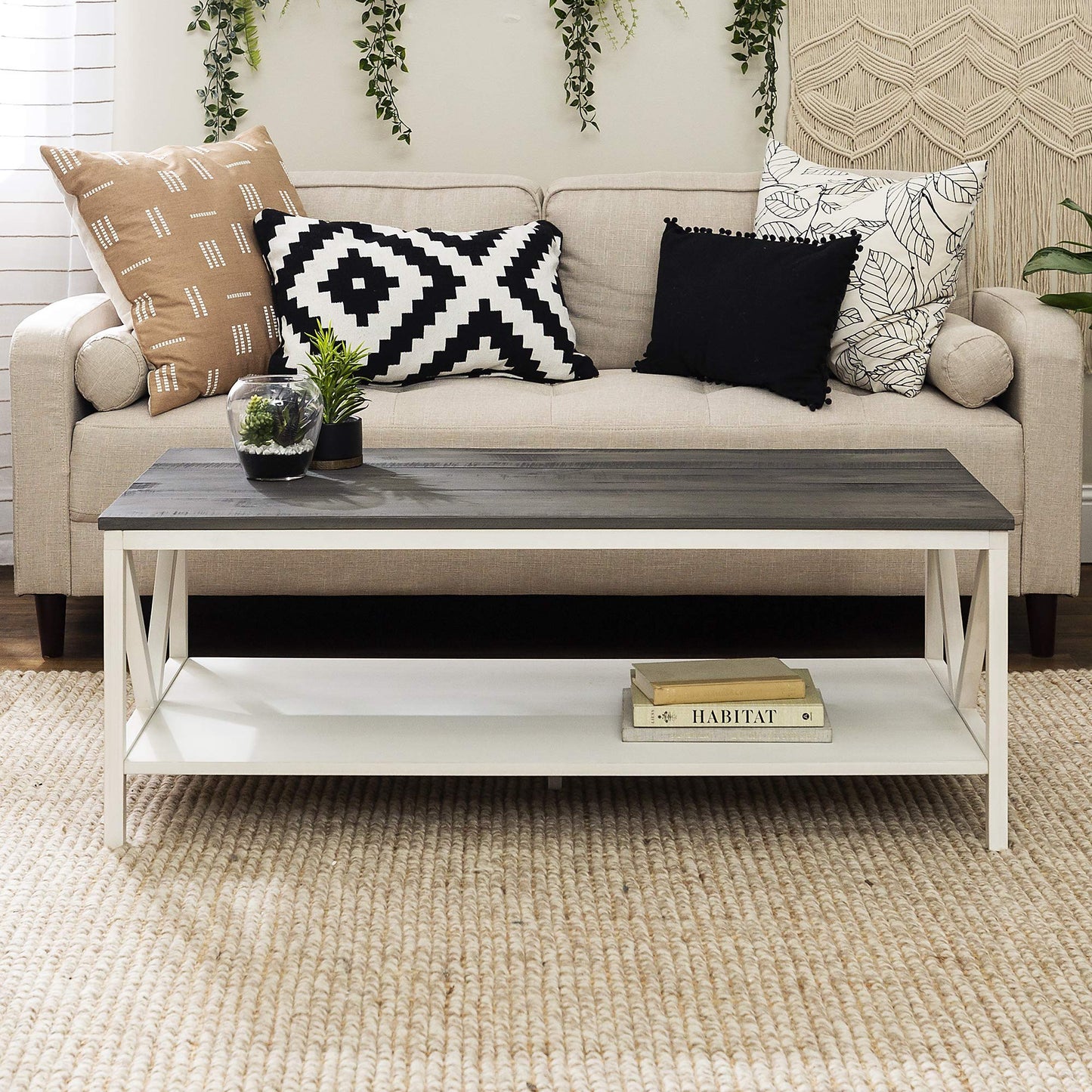 Walker Edison Modern Farmhouse Distressed Wood Rectangle Coffee Table Living Room Ottoman Storage Shelf, 49 Inch, Grey and White - WoodArtSupply