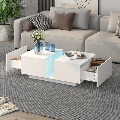 HedoAjim White Led Coffee Table for Living Room, Rectangular Living Room Table with Storage, Acrylic Coffee Tables with 2 Sliding Drawers, Wood Center Table for Reception Dinning Room