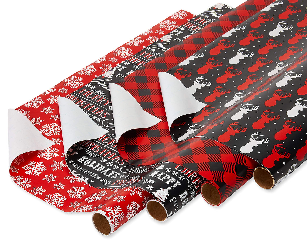 American Greetings 120 sq. ft. Red and Black Christmas Wrapping Paper Set with Cut Lines (4 rolls 30 in. x 12 ft., 7 Bows, 30 Gift Tags), Christmas Text, Plaid, Reindeer and Snowflakes Papyrus