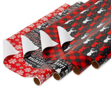 American Greetings 120 sq. ft. Red and Black Christmas Wrapping Paper Set with Cut Lines (4 rolls 30 in. x 12 ft., 7 Bows, 30 Gift Tags), Christmas Text, Plaid, Reindeer and Snowflakes Papyrus