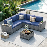 UDPATIO Patio Furniture Set, 8 Inch Armrest Outdoor Sectional Sofa, 6 Piece Wicker Outdoor Furniture Conversation Sets with Waterproof Cover and Coffee Table for Backyard Deck(Grey/Navy Blue) UDPATIO