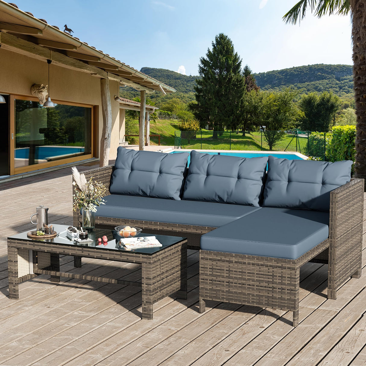 Shintenchi Outdoor Patio Furniture Sets, Wicker Patio sectional Sets 3-Piece, All Weather Wicker Rattan Patio Seating Sofas with Glass Coffee Table and Cushion (Blue) Shintenchi