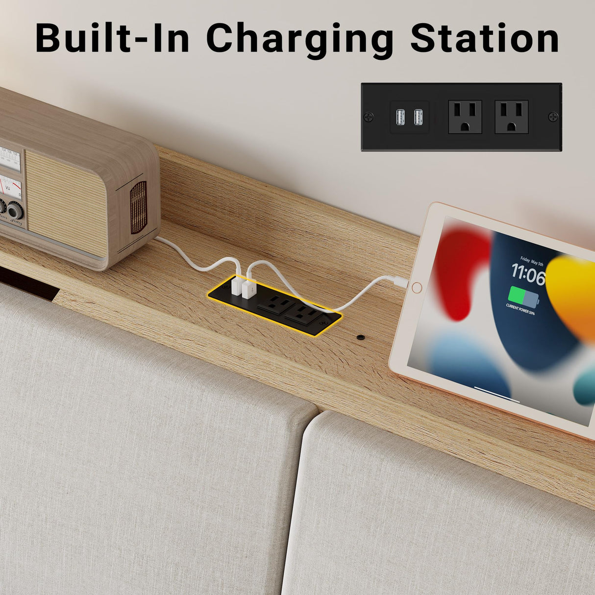 LIKIMIO Queen Bed Frames with Hidden Storage Headboard, Camas Queen with Charging Station and 4 Drawers, Sturdy and Noiseless, No Box Spring Needed, Wood Color LIKIMIO