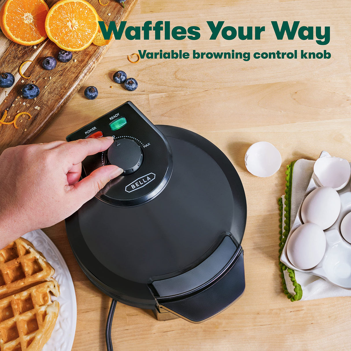 BELLA Classic Belgian Waffle Maker, Nonstick Extra Deep Plates, Browning Control Knob, Locking Latch and Cool Touch Handle, 7" Round, Stainless Steel, Black BELLA