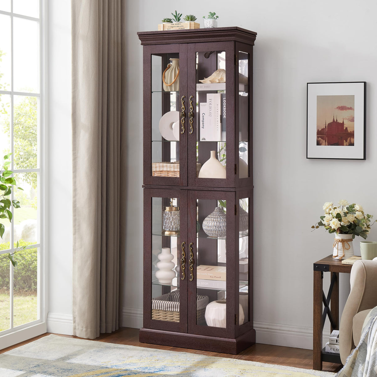 YiaFurio Lighted Display Cabinet Corner,Glass Curio Cabinet with Lights & Adjustable Shelves for Kitchen,Living Room,Office(Free Standing,Light Bulb Include) YiaFurio