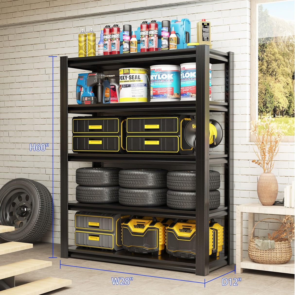 Metal Storage Shelving Heavy Duty, Shelves Unit for Garage, Adjustable 5 Tier Storage Rack, Industrial Utility Shelf for Garage, Warehouse, Basement, Kitchen,12" D x 27.6" W x 60.8" H, Black BIZOEIRON