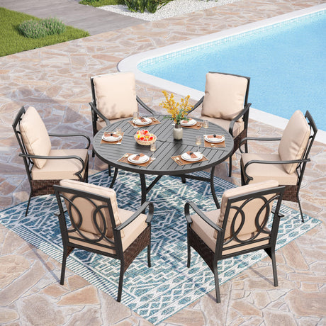 PHI VILLA 7 Pieces Patio Dining Set, Outdoor Round Table and Chairs for 6, 52" Round Dining Table with Umbrella Hole & 6 Heavy Metal Wicker Chairs with Thick Cushions PHI VILLA