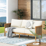 Christopher Knight Home Burchett Outdoor 3 Seater Sofa with Cushions - Acacia Wood and Round Wicker - Teak/Mixed Brown/Beige Christopher Knight Home