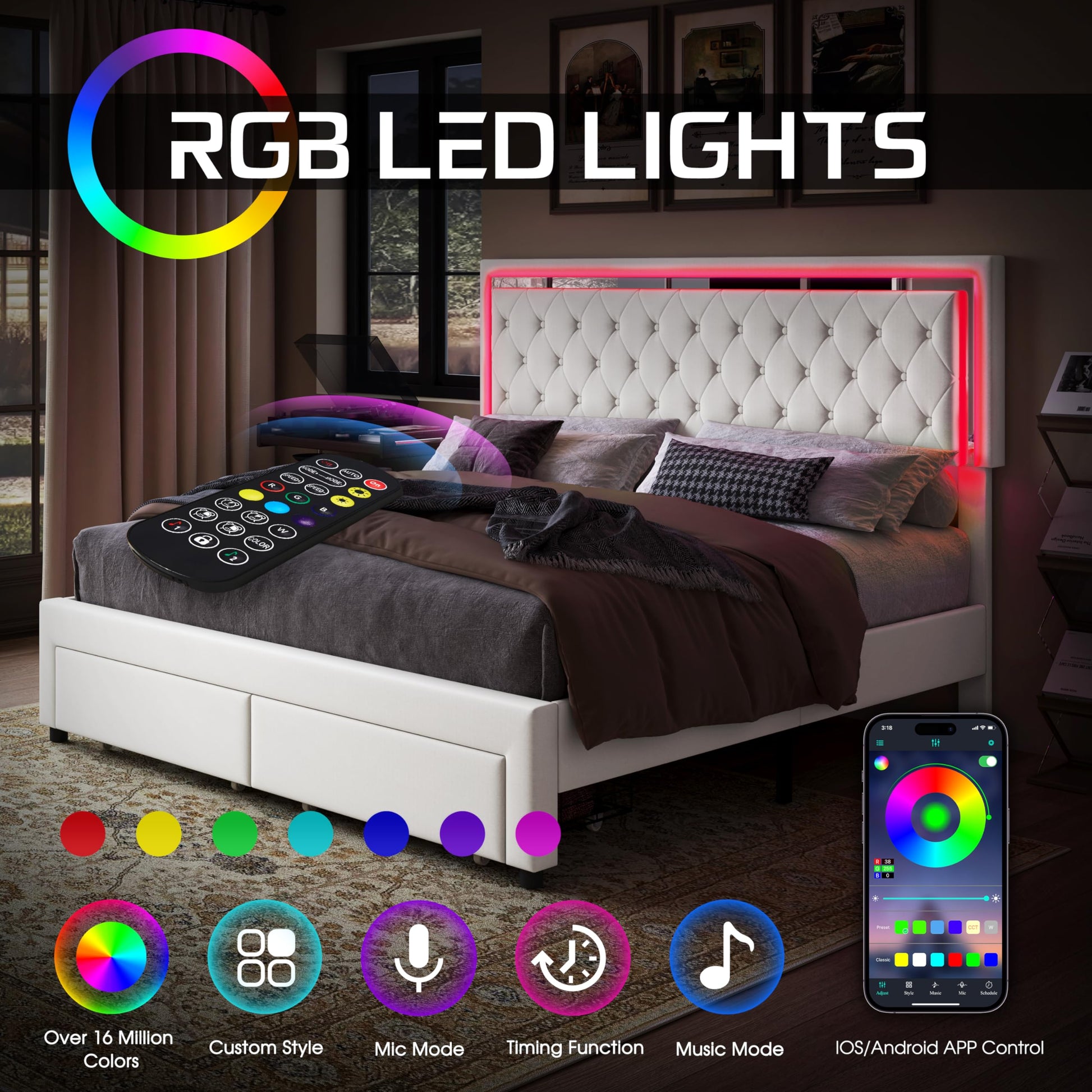 Jocisland Velvet Upholstered Queen Bed Frame with LED Lights and Storage Drawers - WoodArtSupply