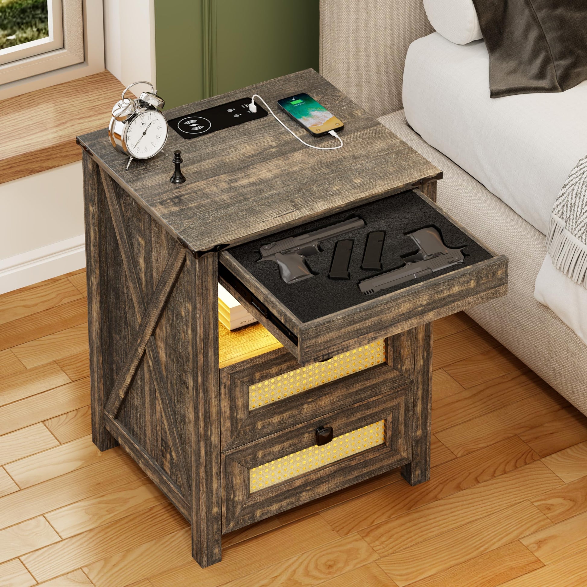 FREDEES Farmhouse Nightstand with Gun Drawer, End Table with Charging Station, LED Bedside Table with Human Sensor Light, Rattan Night Stand for Bedroom, Rustic Brown - WoodArtSupply