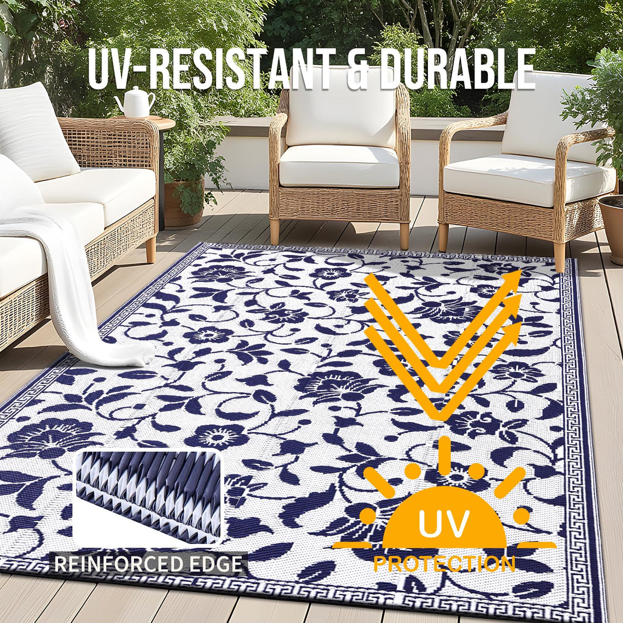 OLANLY Waterproof Outdoor Rug 5x8 ft, Outdoor Plastic Straw Rug with Flower Pattern, Reversible RV Mat for Patio, Camping, Balcony, Deck, Backyard, Navy & White OLANLY