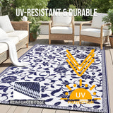 OLANLY Waterproof Outdoor Rug 5x8 ft, Outdoor Plastic Straw Rug with Flower Pattern, Reversible RV Mat for Patio, Camping, Balcony, Deck, Backyard, Navy & White OLANLY