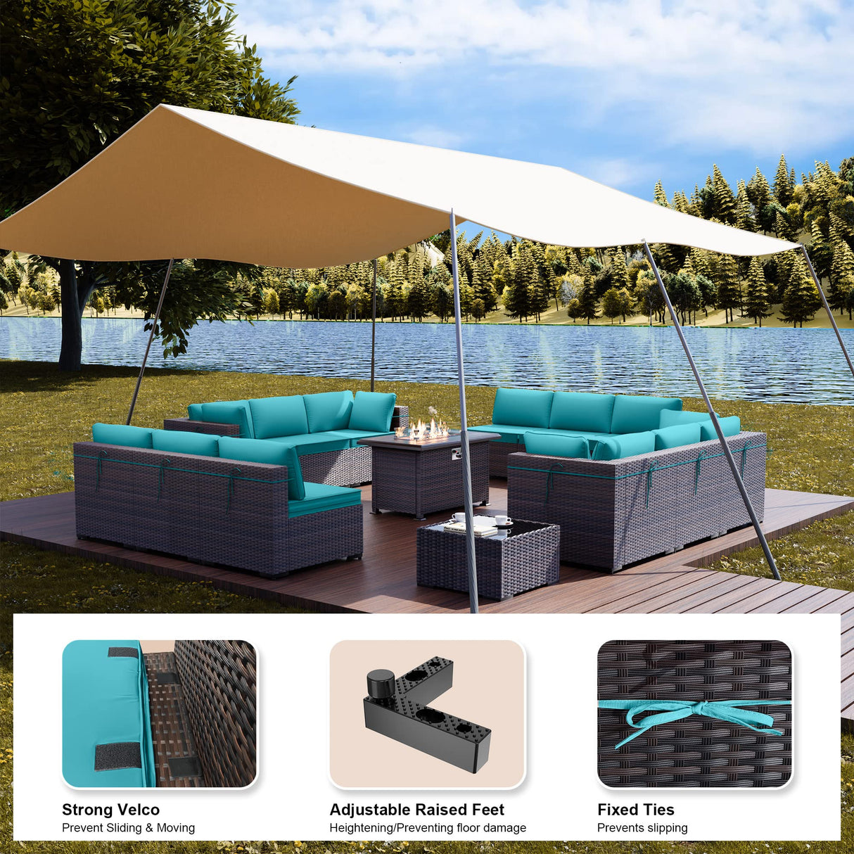 Kullavik 15 Pieces Outdoor Patio Furniture Set with 43" Gas Propane Fire Pit Table PE Wicker Rattan Sectional Sofa Patio Conversation Sets,Blue Cushions Kullavik