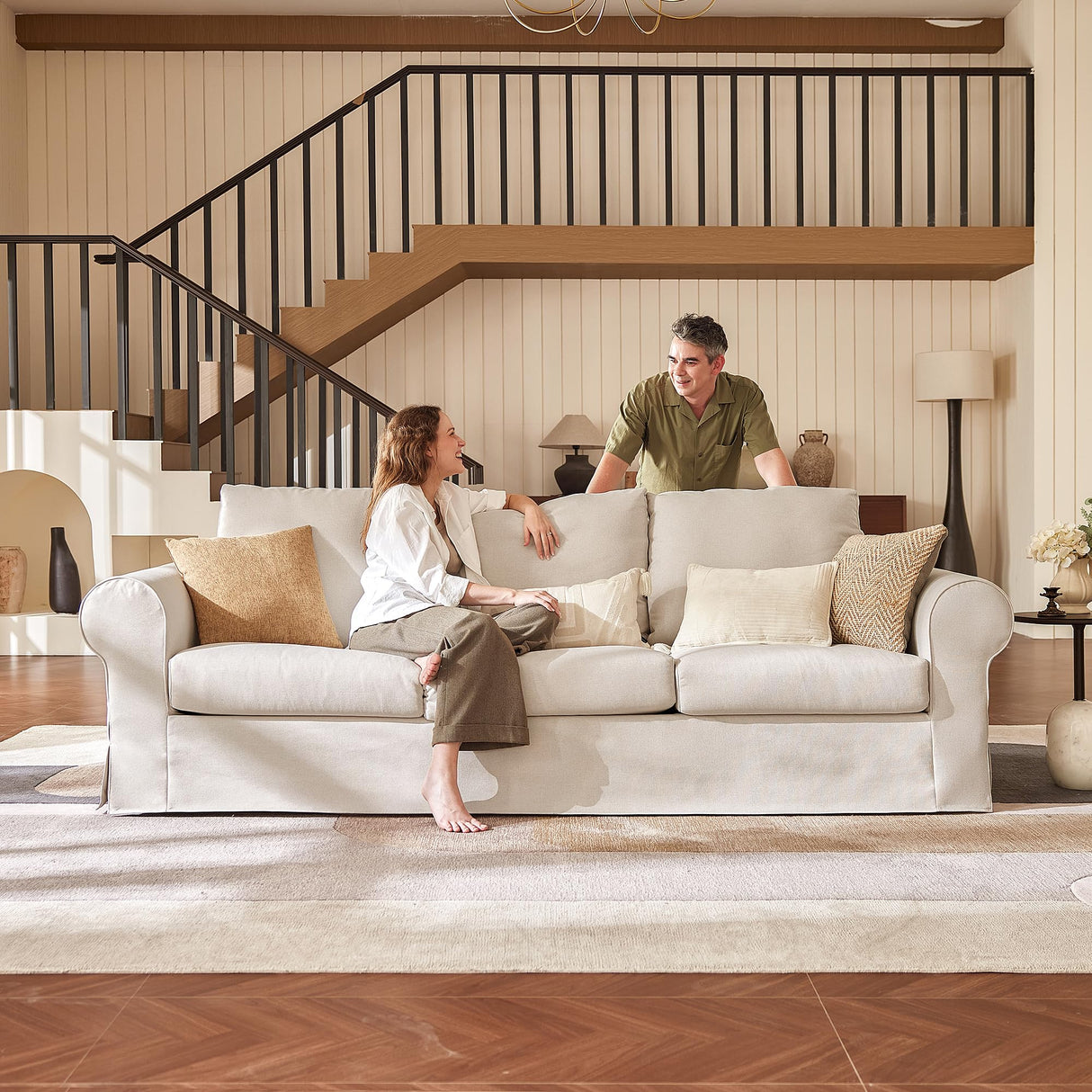 89" 3-Seater Couch, Farmhouse Slipcovered Sofa with Washable Cover, Supportive Cushions & Sturdy Frame, Rolled Arm White Couches for Living Room, Small Spaces, Apartment, Office, Easy Assembly Vorthio