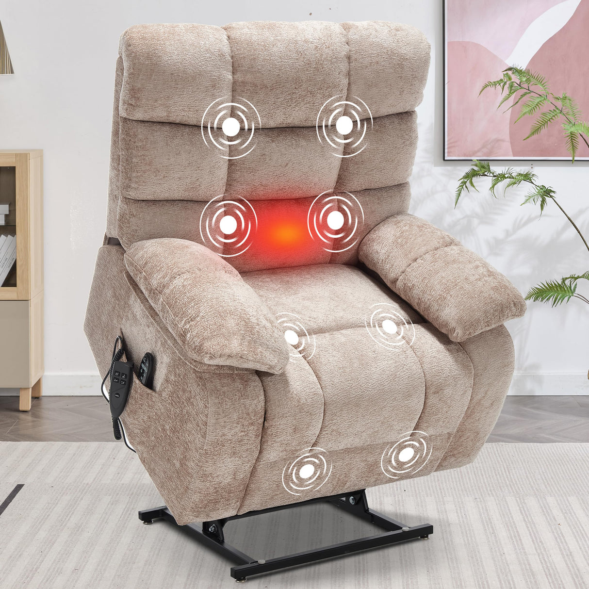 EZZUP Lay Flat Recliner with Vibration Massage and Lumbar Heating, 26'' Wide Recliner Chair with Infinite Position and 2 Remote Controls, Soft Chenille Lift Recliner for Living Room, Khaki EZZUP