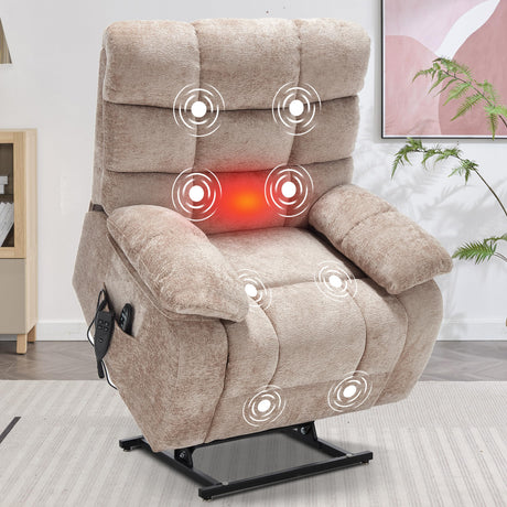 EZZUP Lay Flat Recliner with Vibration Massage and Lumbar Heating, 26'' Wide Recliner Chair with Infinite Position and 2 Remote Controls, Soft Chenille Lift Recliner for Living Room, Khaki EZZUP