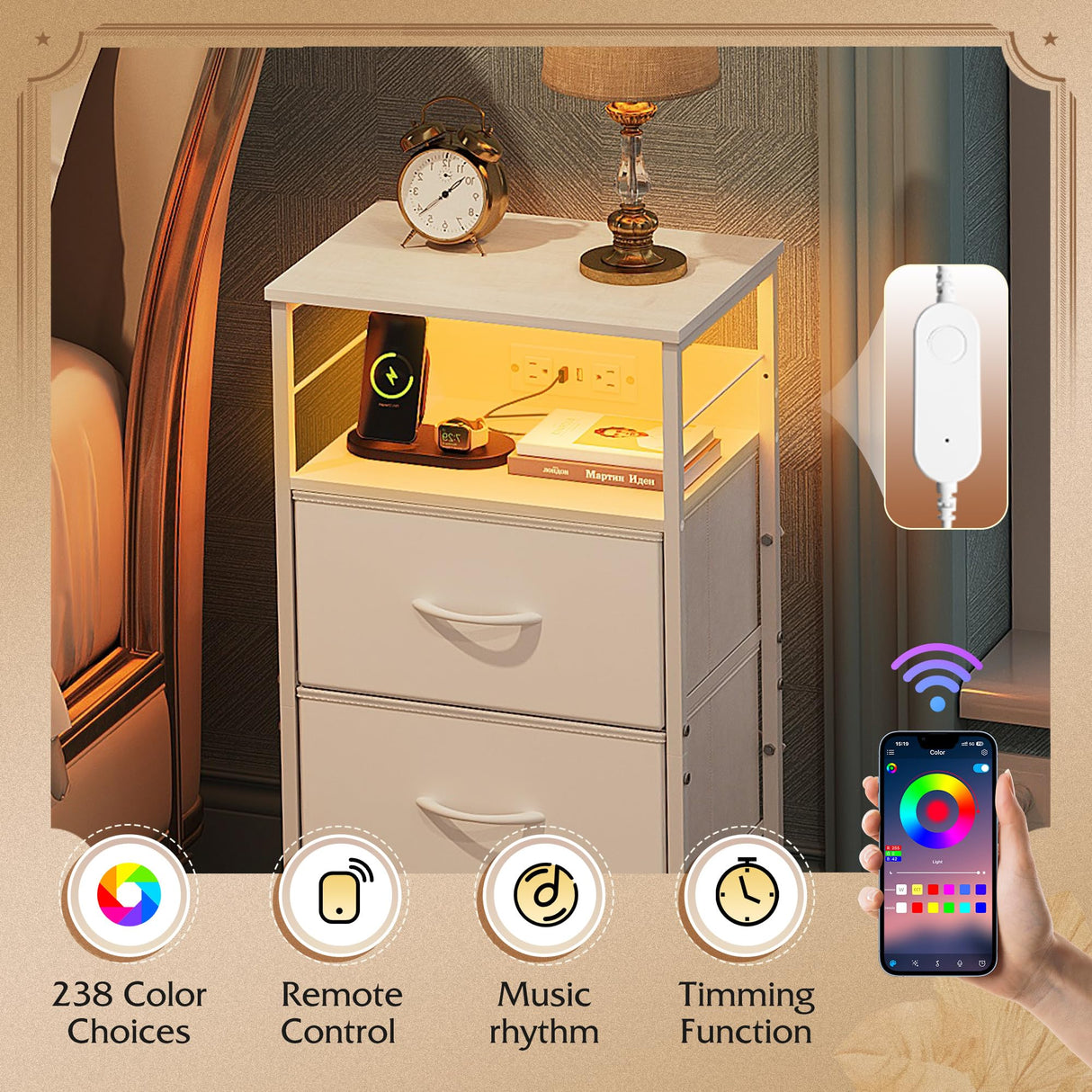 WLIVE White Night Stand with Charging Station, LED Nightstand with 3 Fabric Drawers, Tall Bedside Table with 3 USB Ports and 2 Outlets, Dresser for Small Space, 31.93" H Side Table for Bedroom WLIVE