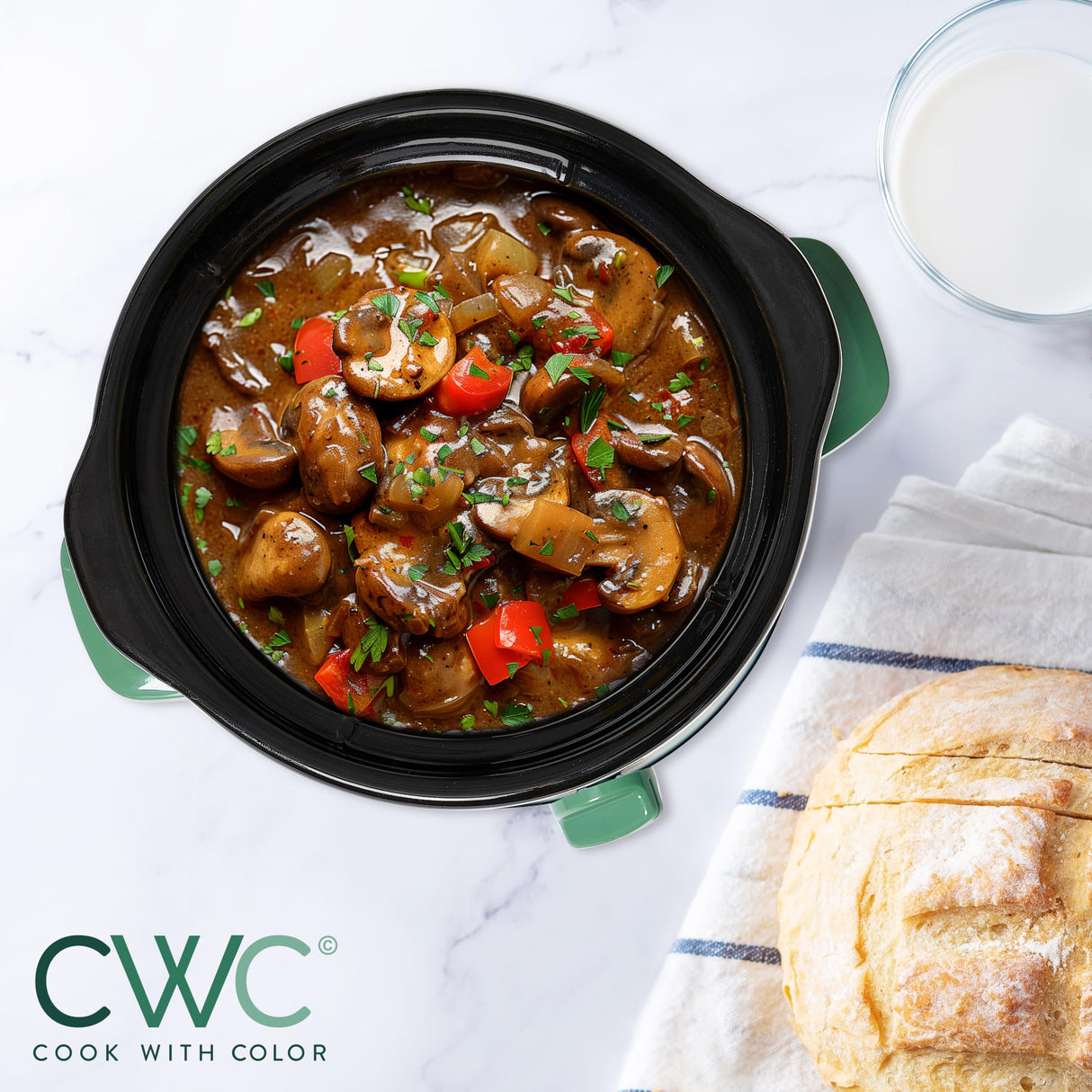 COOK WITH COLOR 2QT Mini Electric Round Slow Cooker - Adjustable Settings, Removable Stoneware Pot, Tempered Glass Lid, Dishwasher Safe, Cool-Touch Side Handles, Dark Sage COOK WITH COLOR